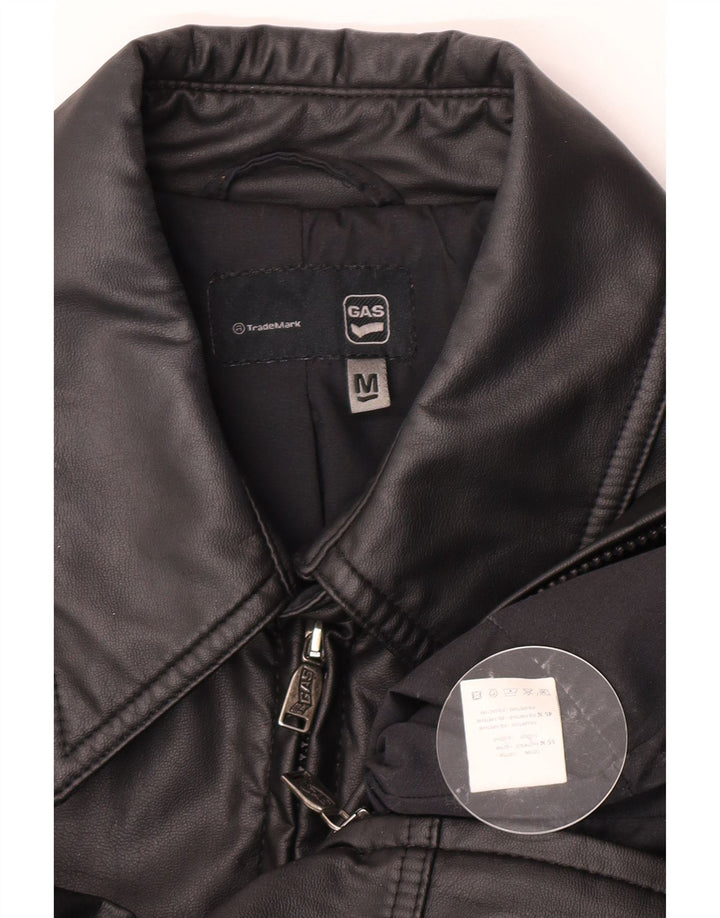 Gas Womens Faux Leather Overcoat UK 12 Medium Black Cotton