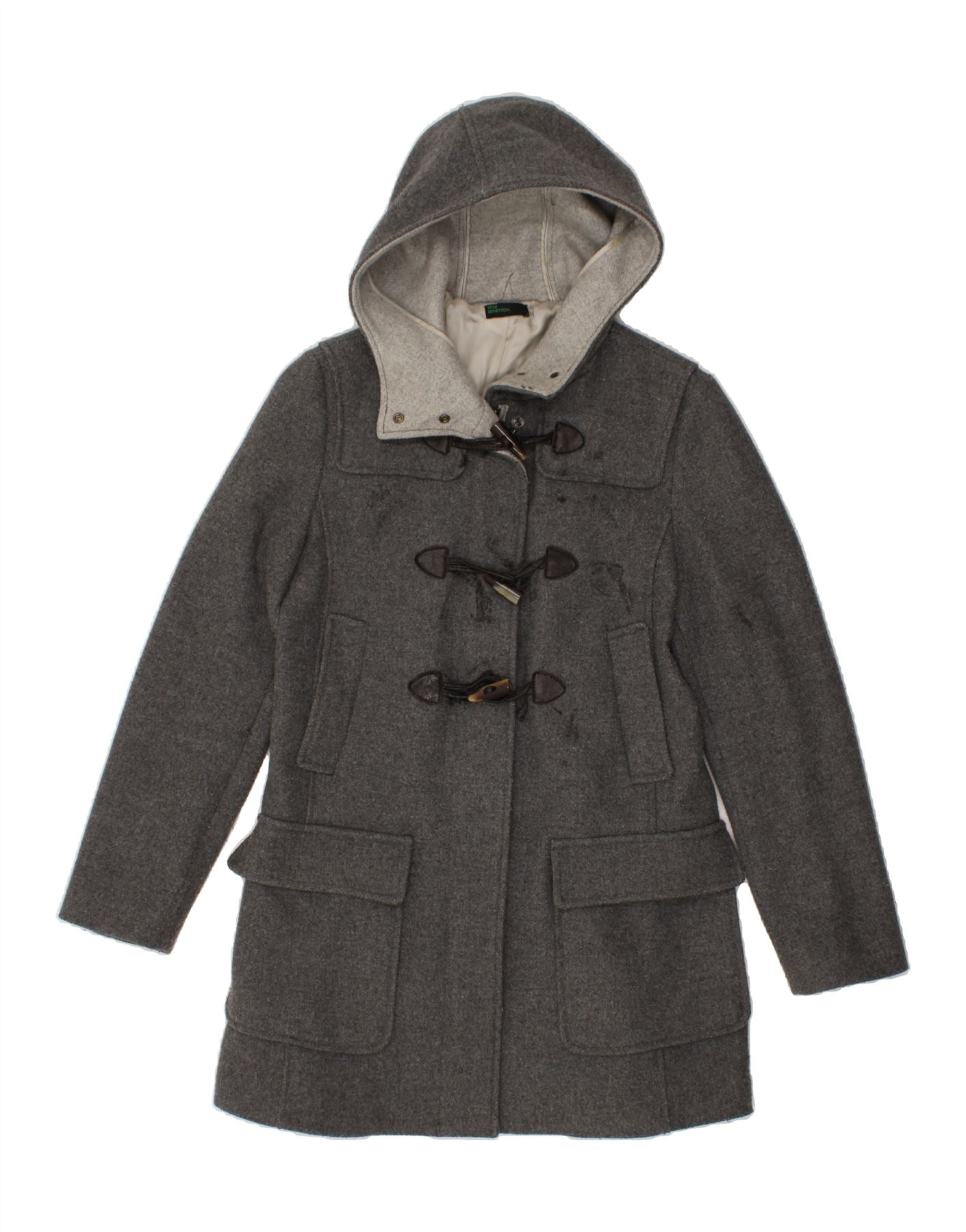 BENETTON Womens Hooded Duffle Coat IT 42 Medium Grey Wool Vintage Second Hand Clothing Online Messina Hembry