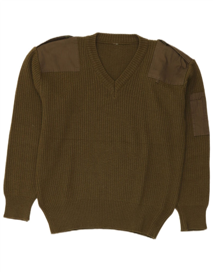 Vintage Mens Military V-Neck Jumper Sweater Medium Green
