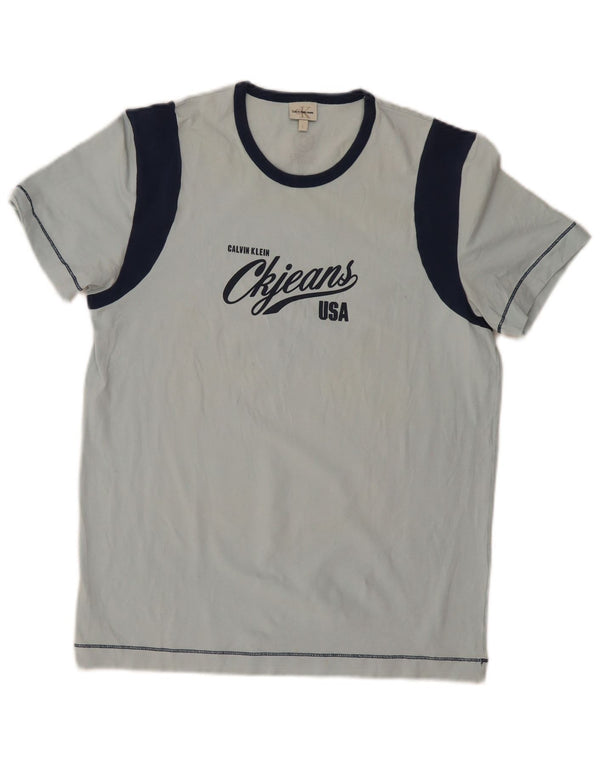 Calvin Klein Jeans Mens Graphic T-Shirt Top Large Blue Colourblock