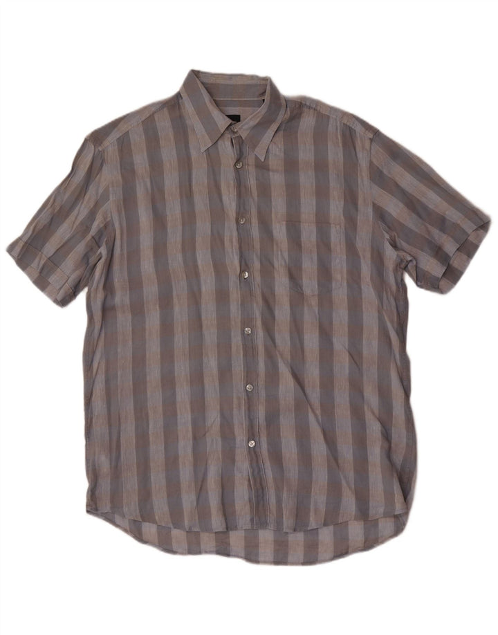 Hugo Boss Mens Short Sleeve Shirt Large Grey Check Linen