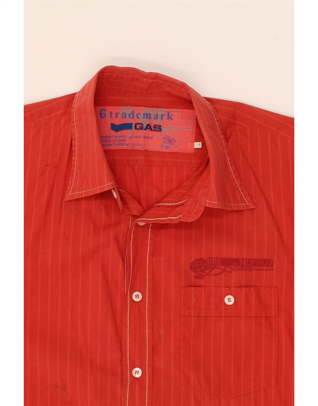 GAS Mens Short Sleeve Shirt Large Red Pinstripe Cotton Vintage Gas and Second-Hand Gas from Messina Hembry 
