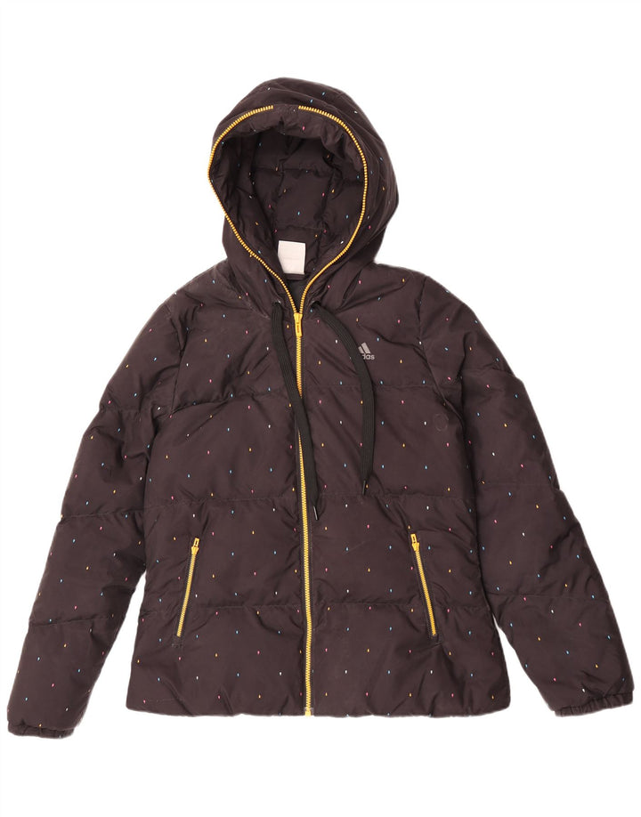 Adidas Womens Hooded Padded Jacket UK 14 Medium Black Spotted Polyester