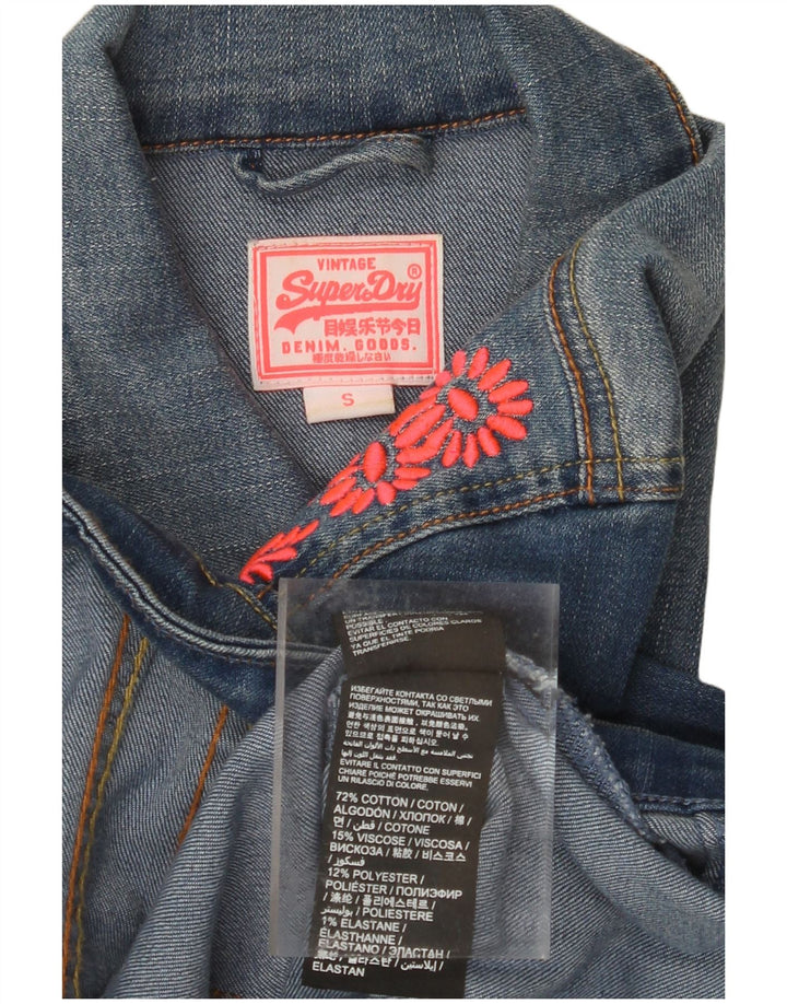 SUPERDRY Womens Crop Denim Jacket UK 8 Small Blue Floral Cotton