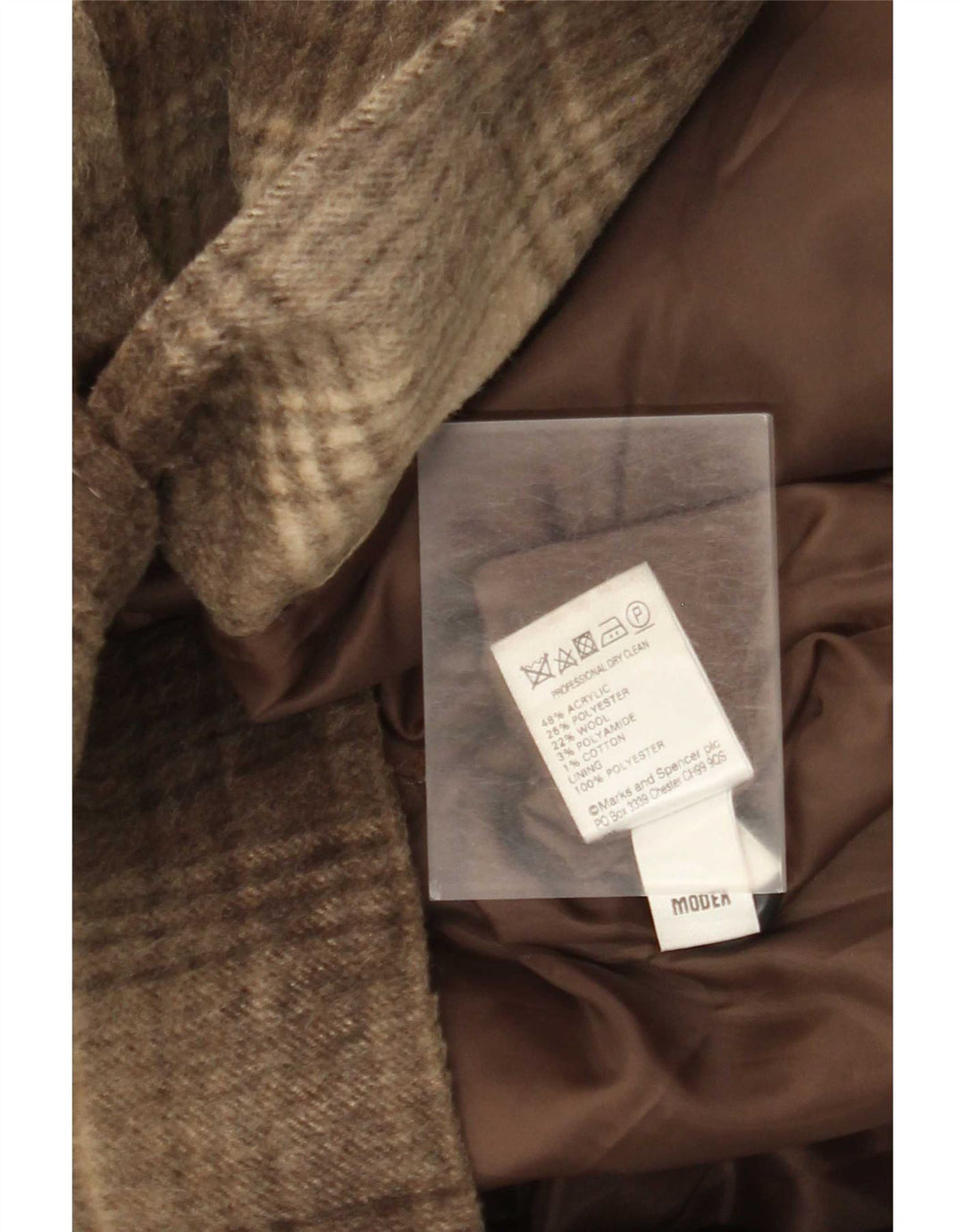 Marks & Spencer Womens Overcoat UK 18 XL Brown Check Acrylic