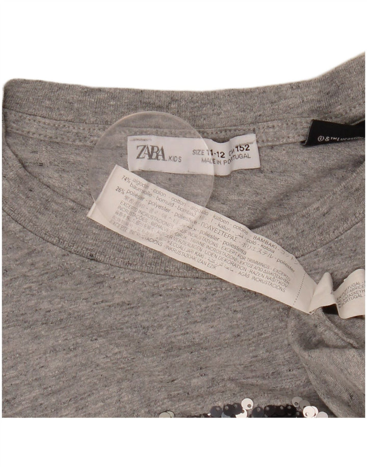 ZARA Girls Graphic Top Long Sleeve 11-12 Years Grey Cotton