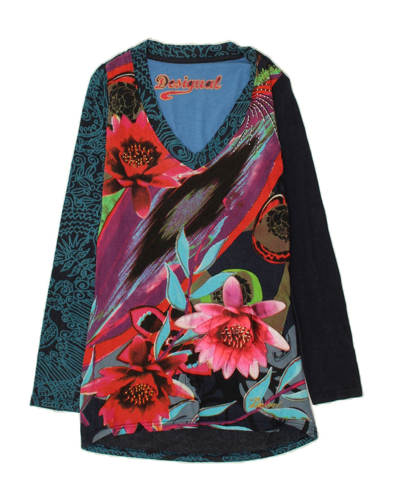 DESIGUAL Womens Graphic Top Long Sleeve UK 10 Small Navy Blue Floral Vintage Desigual and Second-Hand Desigual from Messina Hembry 