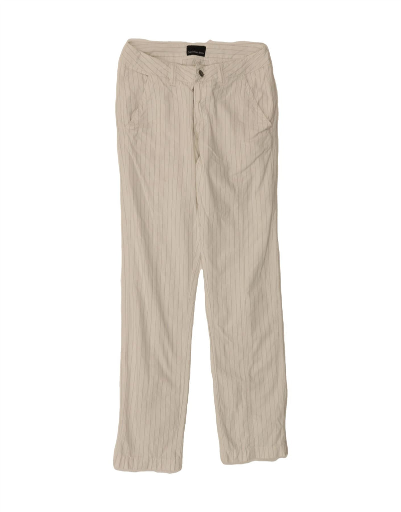 CALVIN KLEIN Womens Slim Chino Trousers W28 L30 White Striped Cotton Vintage Calvin Klein and Second-Hand Calvin Klein from Messina Hembry 