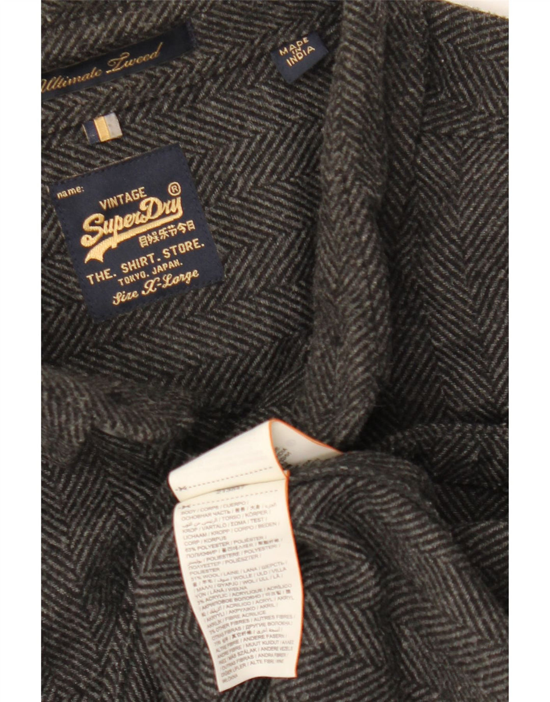 SUPERDRY Mens Flannel Shirt XL Grey Herringbone Polyester