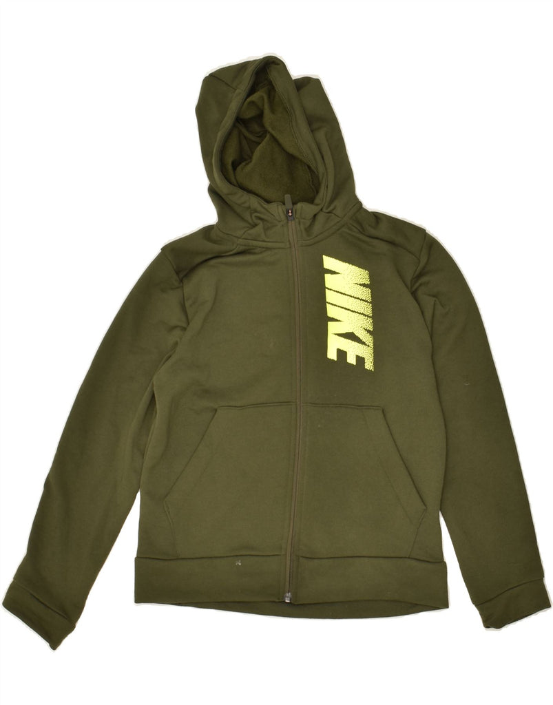 NIKE Boys Graphic Zip Hoodie Sweater 10-11 Years Medium Green Polyester | Vintage Nike | Thrift | Second-Hand Nike | Used Clothing | Messina Hembry 