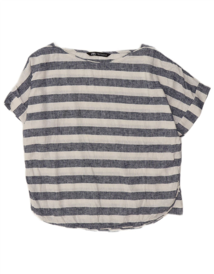 ZARA Womens Oversized Blouse Top UK 6 XS Blue Striped Linen