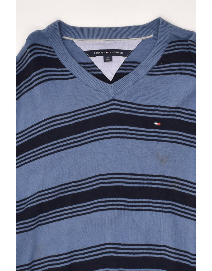 TOMMY HILFIGER Mens V-Neck Jumper Sweater Medium Blue Striped Cotton | Vintage Tommy Hilfiger | Thrift | Second-Hand Tommy Hilfiger | Used Clothing | Messina Hembry 