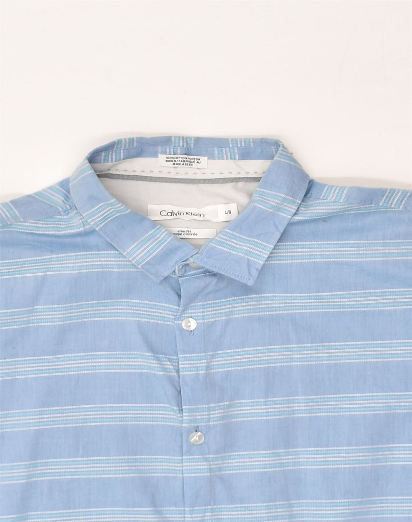 CALVIN KLEIN Mens Short Sleeve Slim Fit Shirt Large Blue Striped Cotton | Vintage Calvin Klein | Thrift | Second-Hand Calvin Klein | Used Clothing | Messina Hembry 