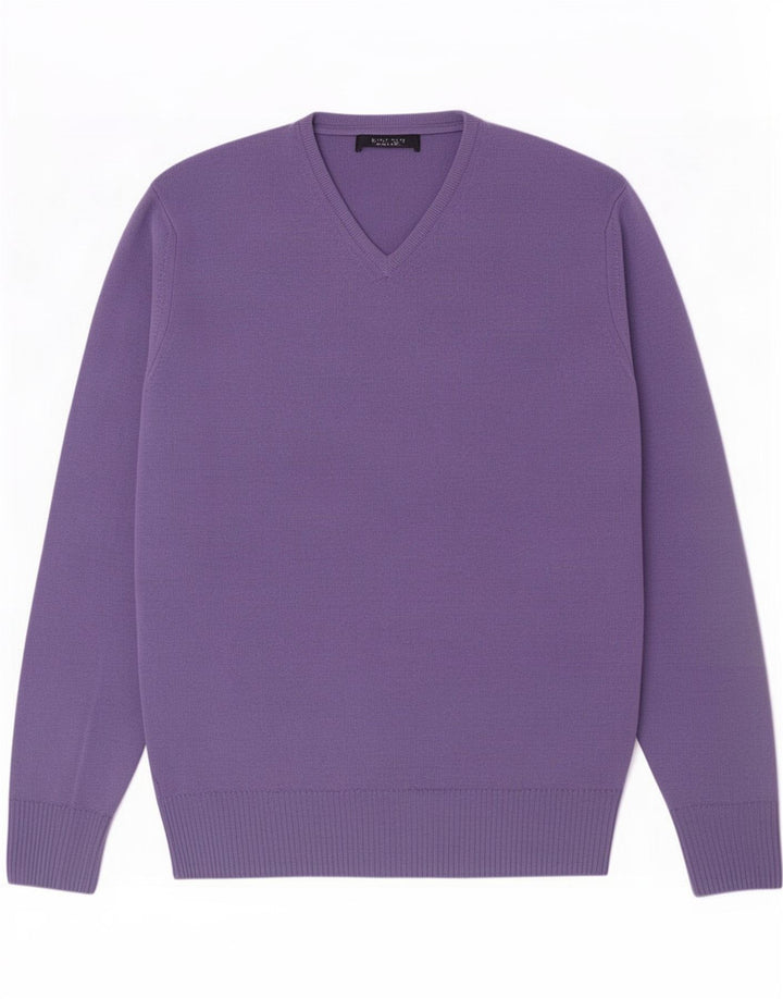 Zara Mens V-Neck Jumper Sweater Large Purple Wool