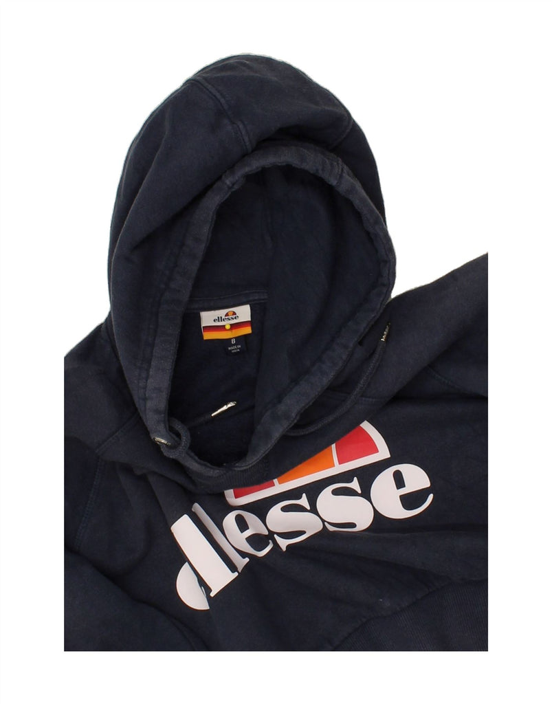 ELLESSE Womens Graphic Crop Hoodie Jumper UK 8 Small Navy Blue Cotton | Vintage Ellesse | Thrift | Second-Hand Ellesse | Used Clothing | Messina Hembry 