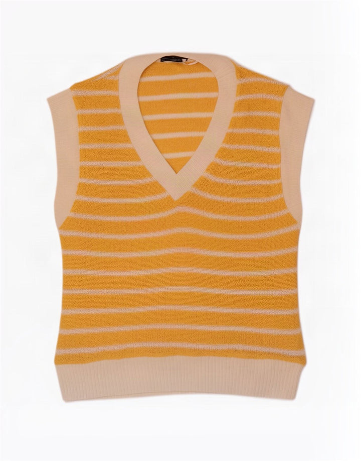 Zara Womens Vest Tank Top UK 14 Medium Yellow Striped Polyester
