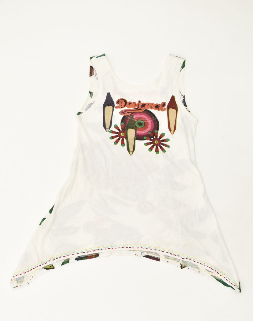 DESIGUAL Womens Graphic Asymmetric Tunic Top UK 12 Medium White Floral | Vintage Desigual | Thrift | Second-Hand Desigual | Used Clothing | Messina Hembry 