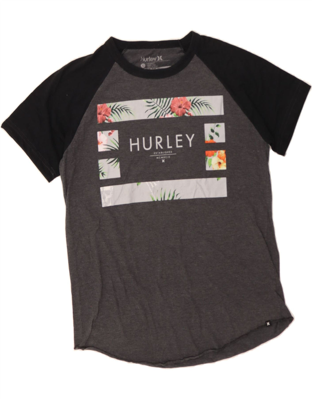 HURLEY Mens Graphic T-Shirt Top Large Grey Colourblock Cotton Vintage Hurley and Second-Hand Hurley from Messina Hembry 