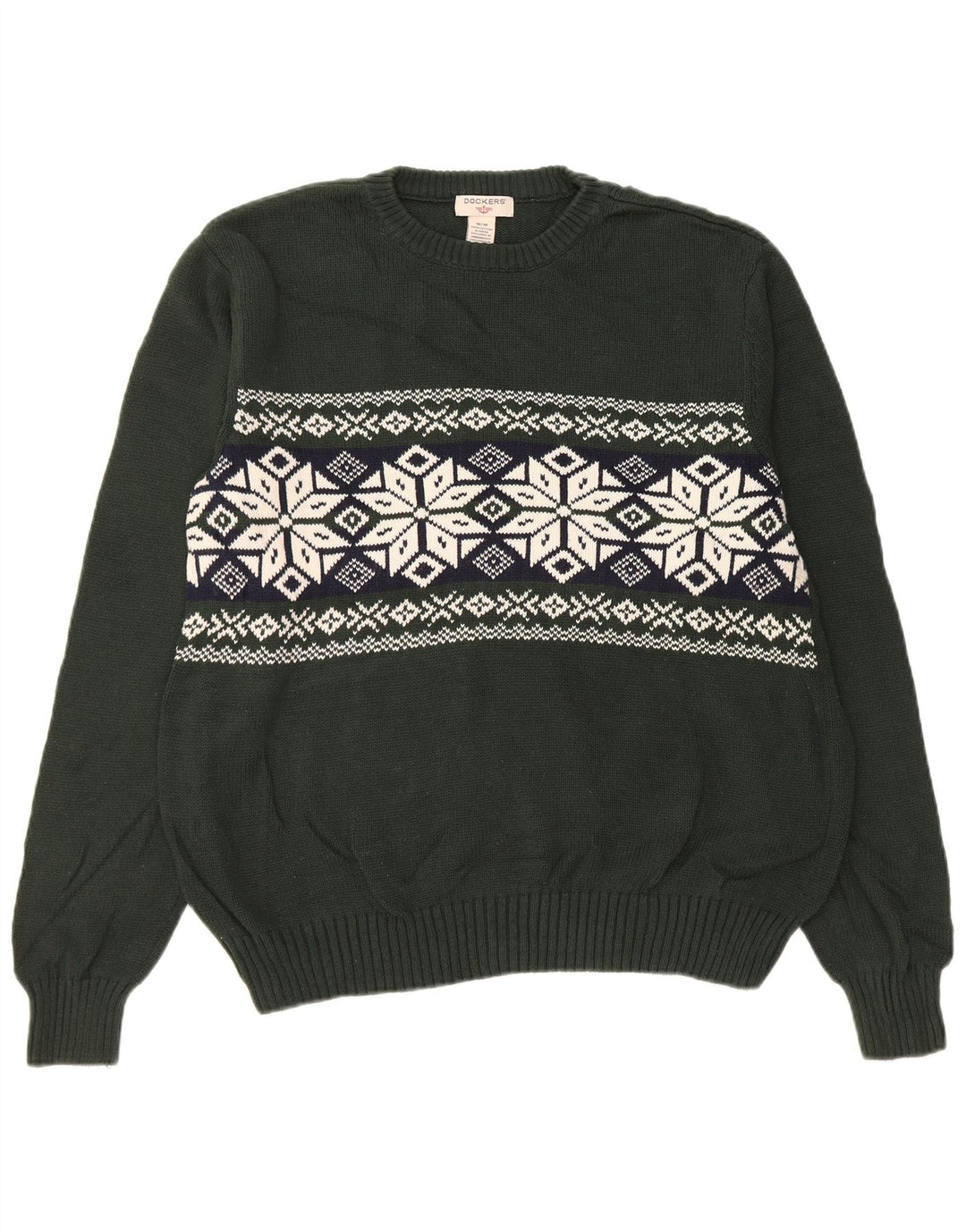 Dockers Mens Crew Neck Jumper Sweater Medium Khaki Fair Isle Cotton