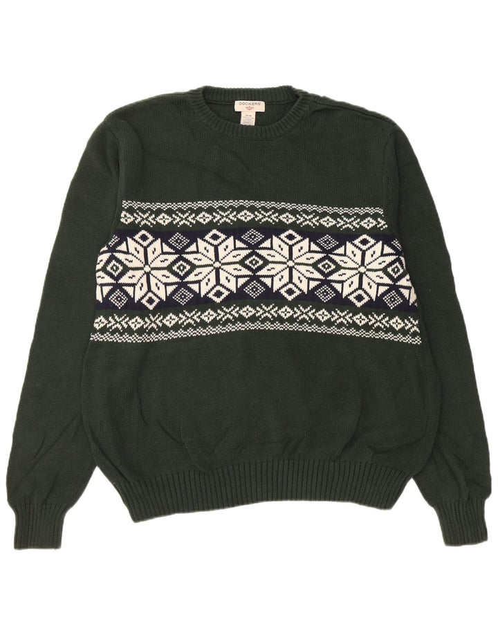Dockers Mens Crew Neck Jumper Sweater Medium Khaki Fair Isle Cotton