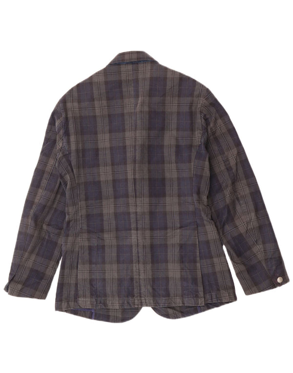 Jaggy Mens 3 Button Blazer Jacket IT 48 Medium Navy Blue Check Cotton