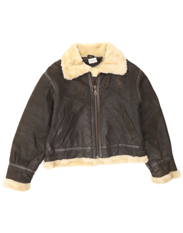 Esisto Womens Loose Fit Sherpa Leather Jacket UK 10 Small Brown Colourblock