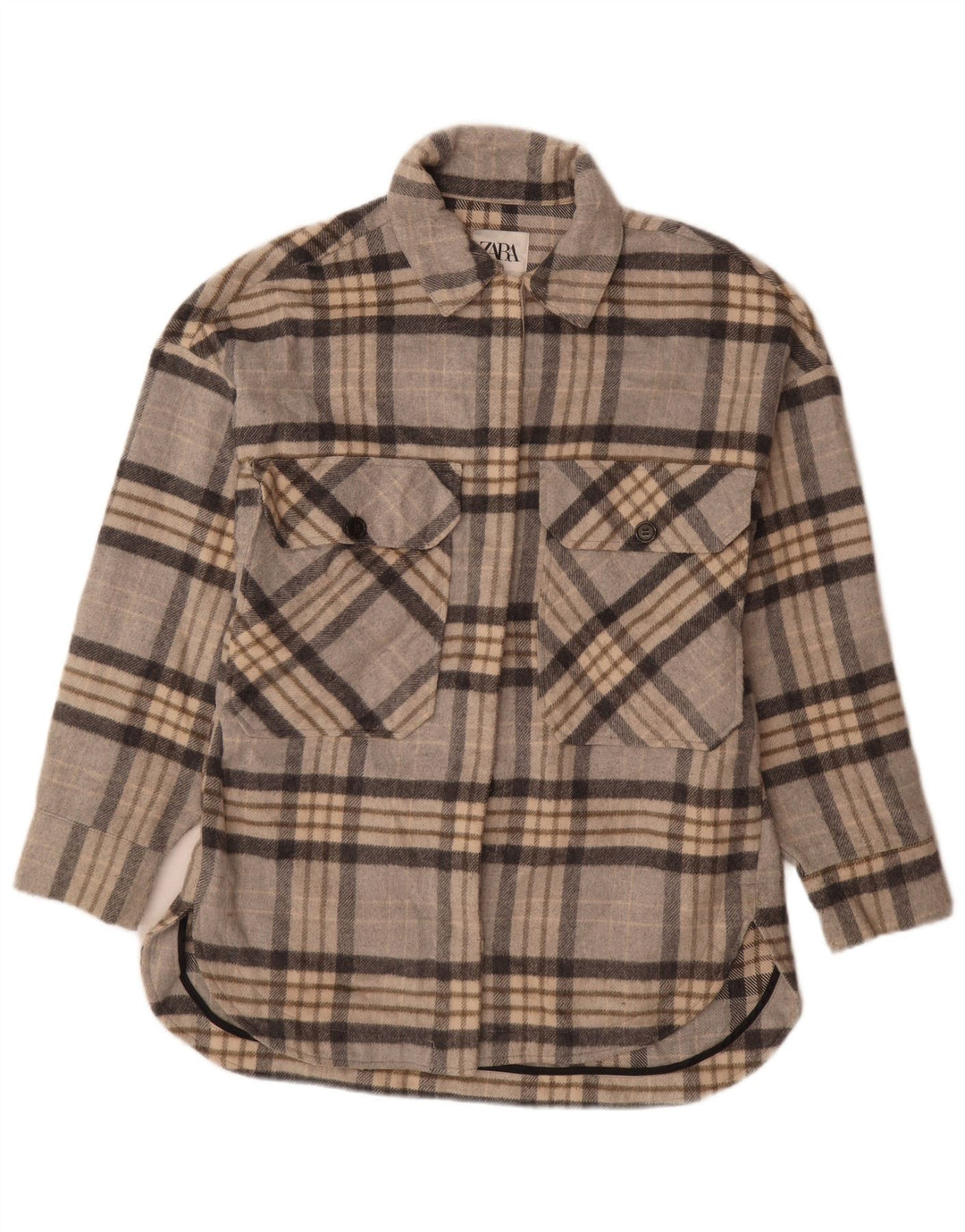 Zara Womens Oversized Flannel Shirt UK 14 Medium Grey Plaid Polyester