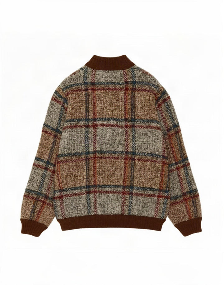 Vintage Mens Cardigan Sweater Small Brown Check