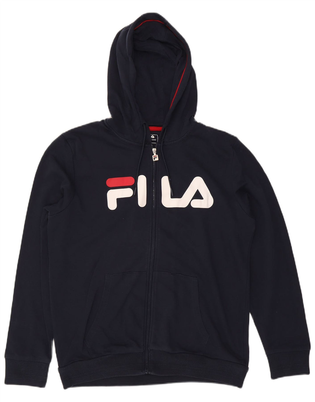 FILA Mens Graphic Zip Hoodie Sweater Large Navy Blue Cotton