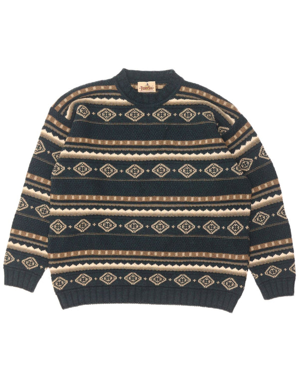 Vintage Mens Crew Neck Jumper Sweater XL Green Geometric Lambswool