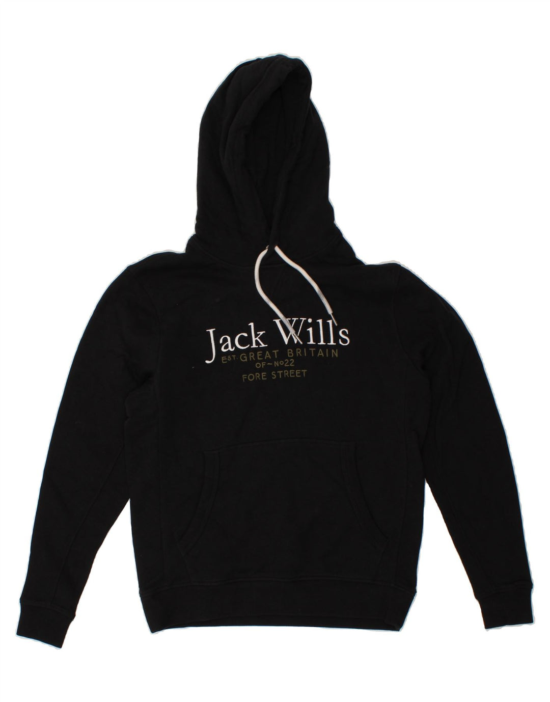JACK WILLS Mens Graphic Hoodie Jumper Small Black Cotton Vintage Jack Wills and Second-Hand Jack Wills from Messina Hembry 
