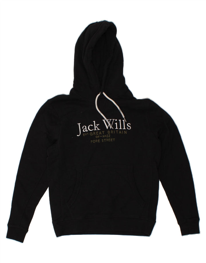 JACK WILLS Mens Graphic Hoodie Jumper Small Black Cotton Vintage Jack Wills and Second-Hand Jack Wills from Messina Hembry 