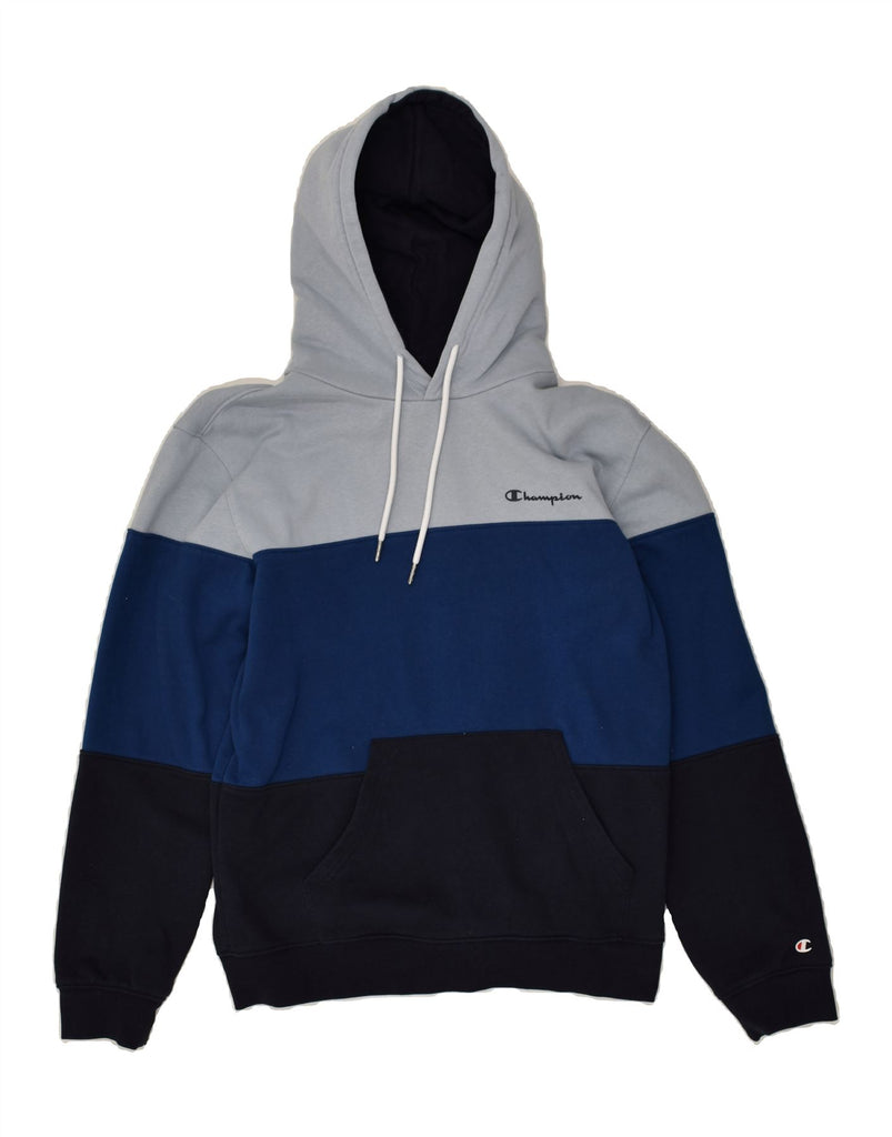 CHAMPION Mens Hoodie Jumper Medium Navy Blue Colourblock Cotton | Vintage Champion | Thrift | Second-Hand Champion | Used Clothing | Messina Hembry 