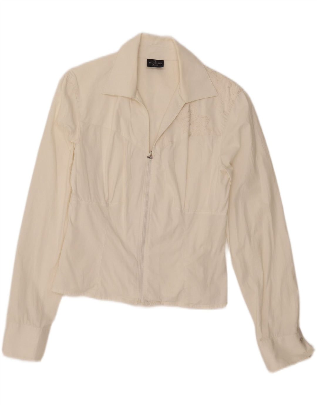 TRUSSARDI Womens Graphic Crop Shirt UK 14 Medium White Cotton Vintage Trussardi and Second-Hand Trussardi from Messina Hembry 