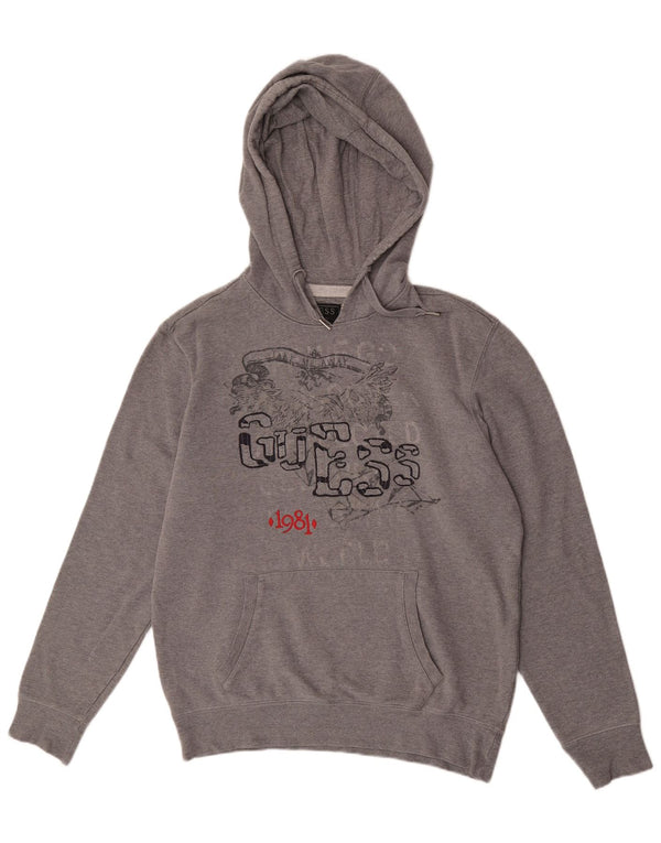 Guess Mens Graphic Hoodie Jumper Medium Grey Cotton