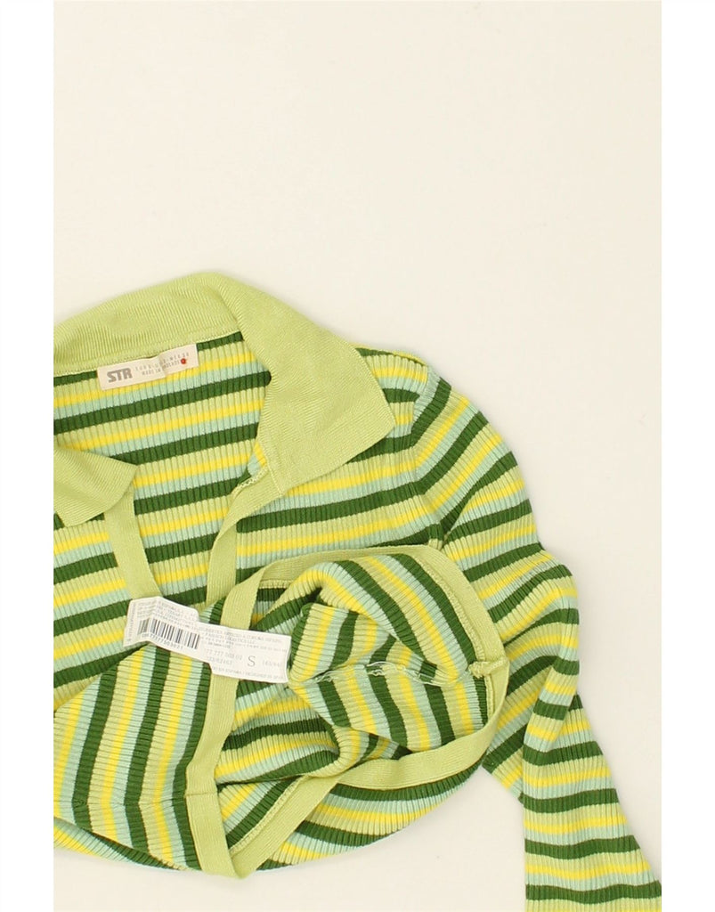 STRADIVARIUS Womens Crop Polo Shirt UK 8 Small Green Striped Cotton | Vintage Stradivarius | Thrift | Second-Hand Stradivarius | Used Clothing | Messina Hembry 