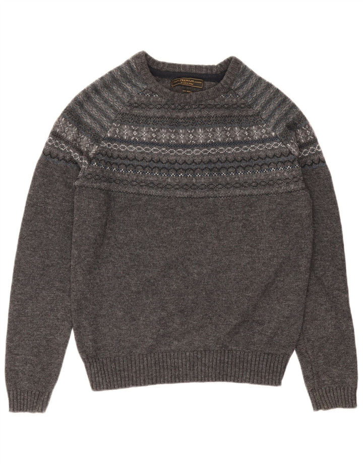 JACK & JONES Mens Boat Neck Jumper Sweater Medium Grey Fair Isle Lambswool