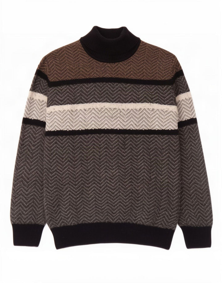 Vintage Mens Roll Neck Jumper Sweater Large Grey Chevron Wool