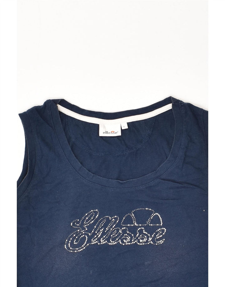 ELLESSE Womens Graphic Vest Top UK 14 Large Navy Blue Cotton | Vintage Ellesse | Thrift | Second-Hand Ellesse | Used Clothing | Messina Hembry 