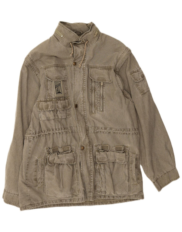 Vintage Mens Hooded Utility Jacket UK 44 2XL Khaki Cotton