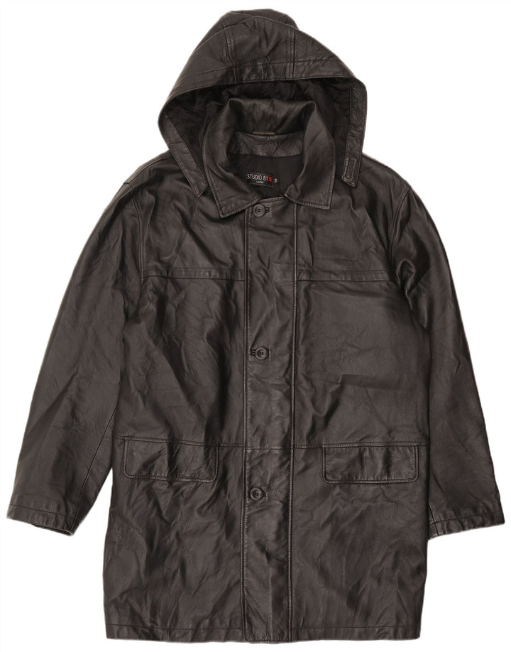 Studio 81 Mens Hooded Leather Coat IT 54 2XL Black Leather