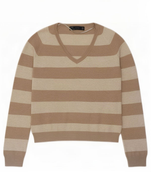 Zara Womens V-Neck Jumper Sweater UK 14 Large Beige Striped Cotton