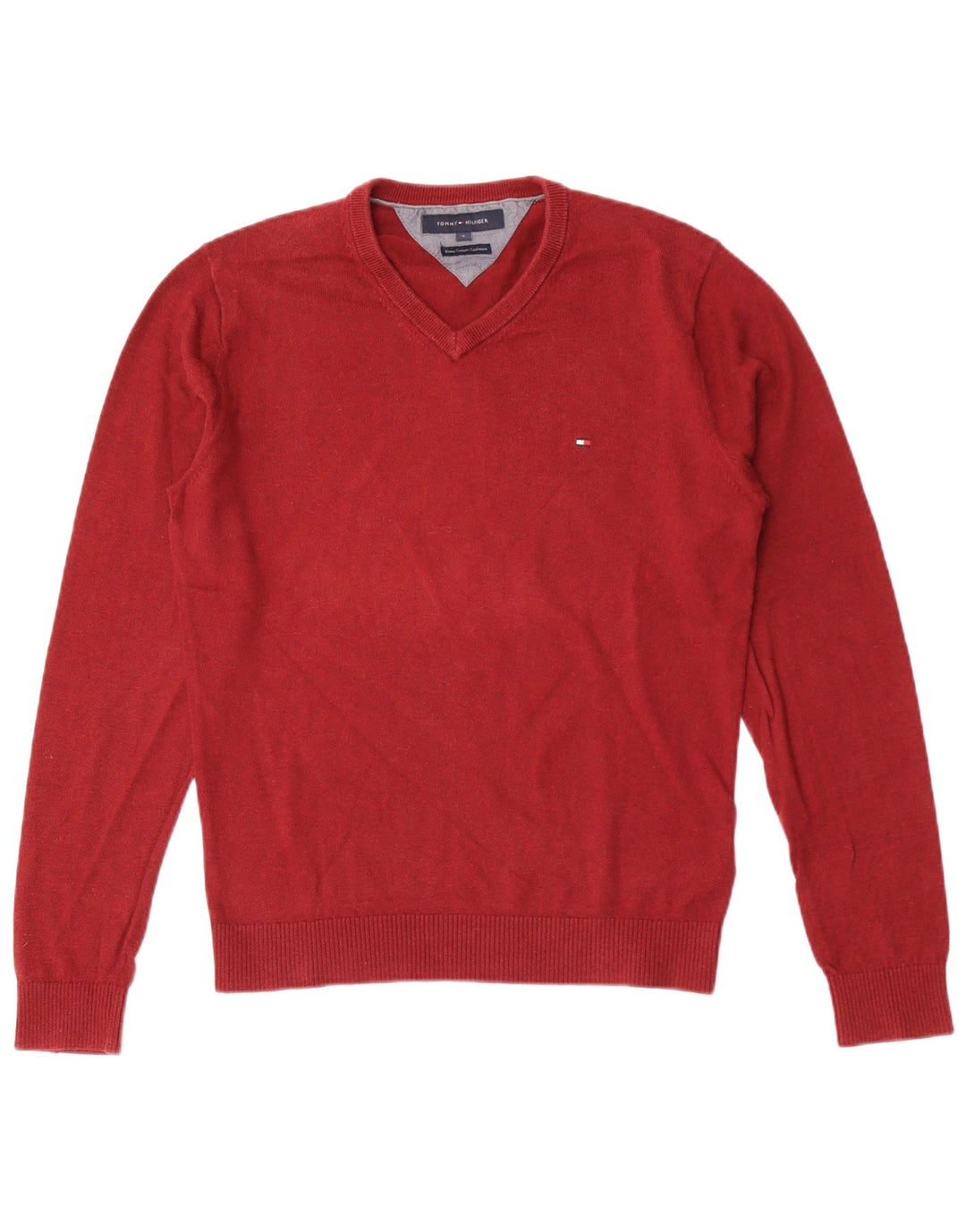 Tommy Hilfiger Mens V-Neck Jumper Sweater Small Red Cotton