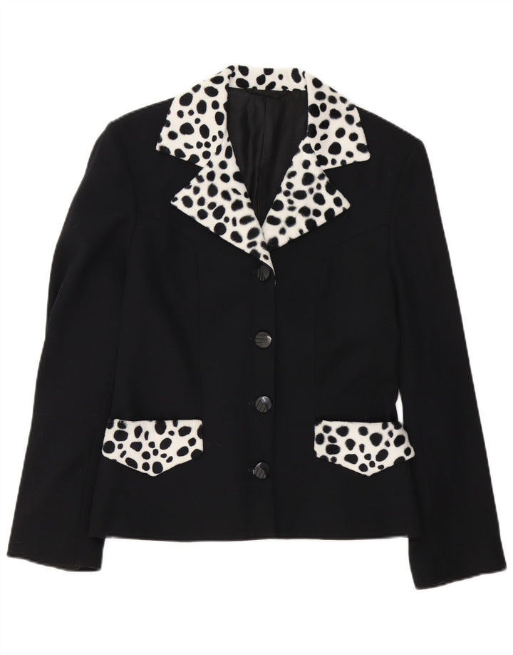 Vintage Womens 4 Button Blazer Jacket UK 14 Medium Black Animal Print