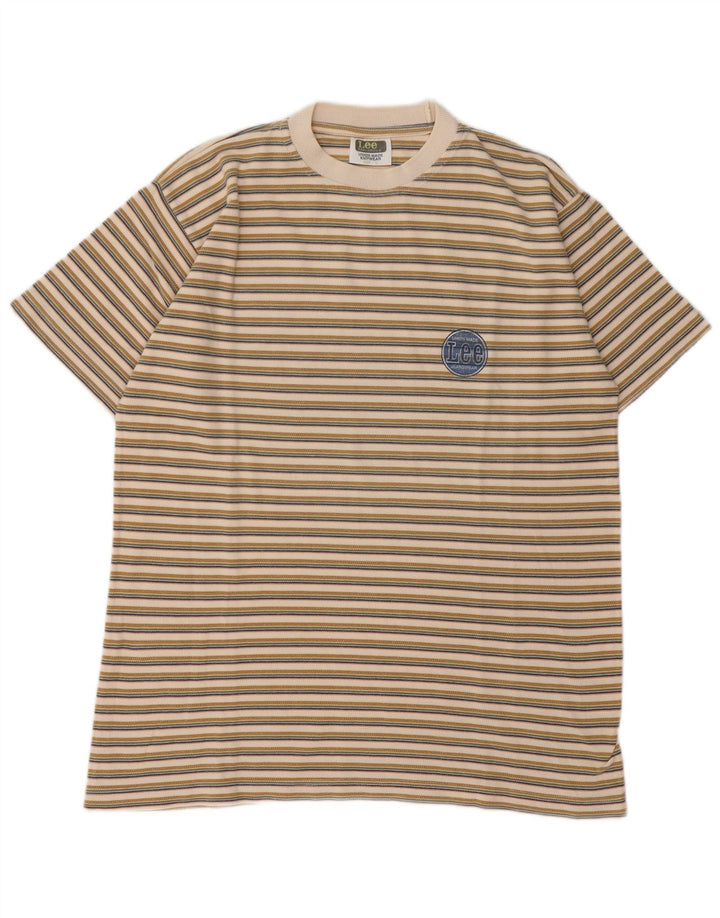 Lee Mens T-Shirt Top Large Beige Striped Cotton