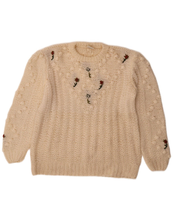 Vintage Womens Crew Neck Jumper Sweater UK 14 Medium Off White Floral