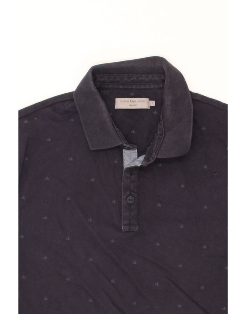 CALVIN KLEIN JEANS Mens Slim Fit Graphic Polo Shirt Large Navy Blue Cotton Vintage Calvin Klein Jeans and Second-Hand Calvin Klein Jeans from Messina Hembry 