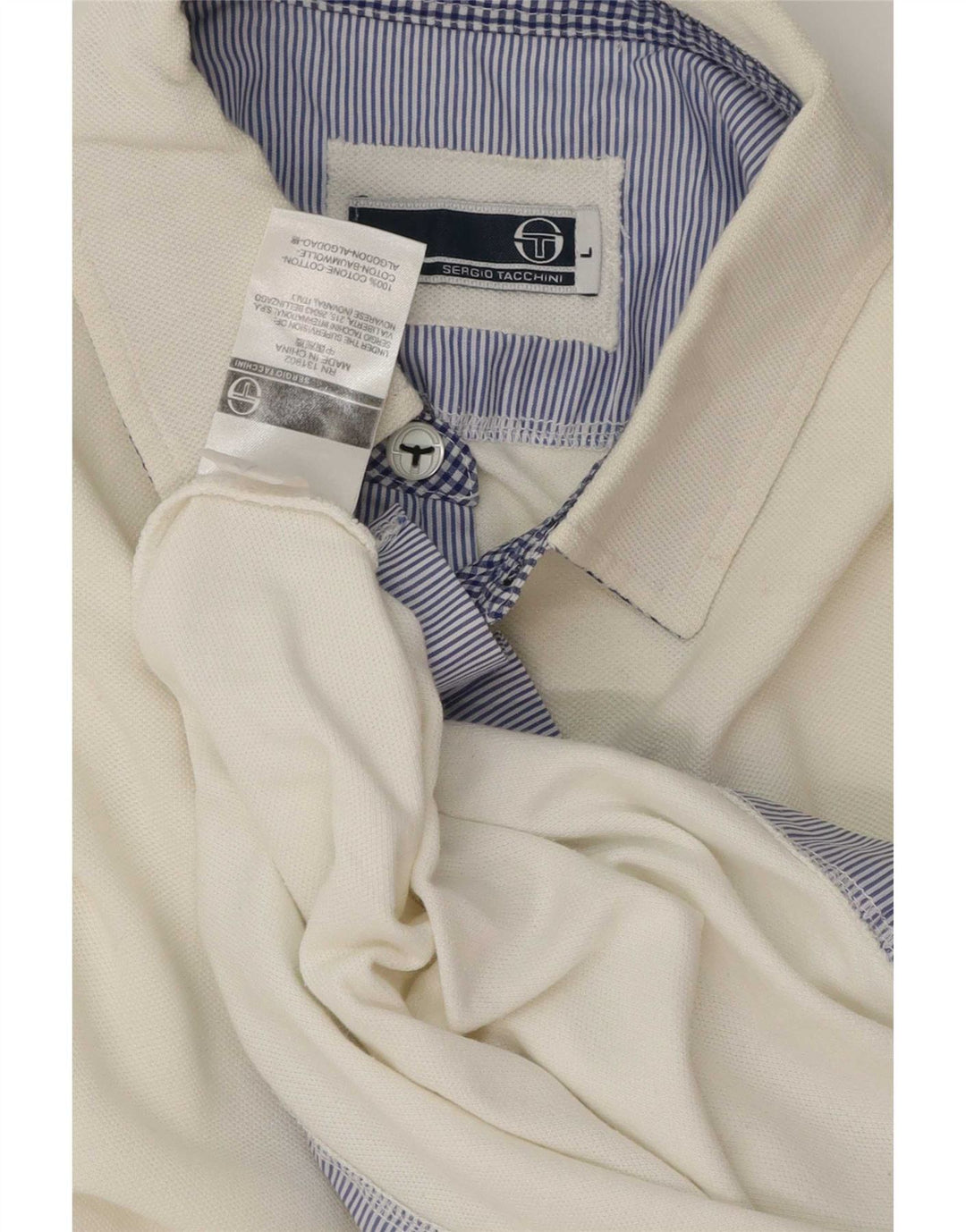 Sergio Tacchini Mens Polo Shirt Large White Striped Cotton