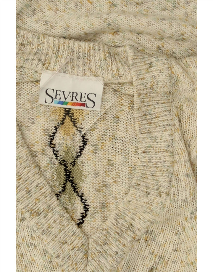 SEVRES Mens V-Neck Jumper Sweater IT 48 Medium Beige Argyle/Diamond Cotton