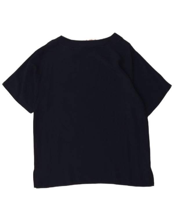 Vintage Womens Graphic Blouse Top UK 16 Large Navy Blue Cotton